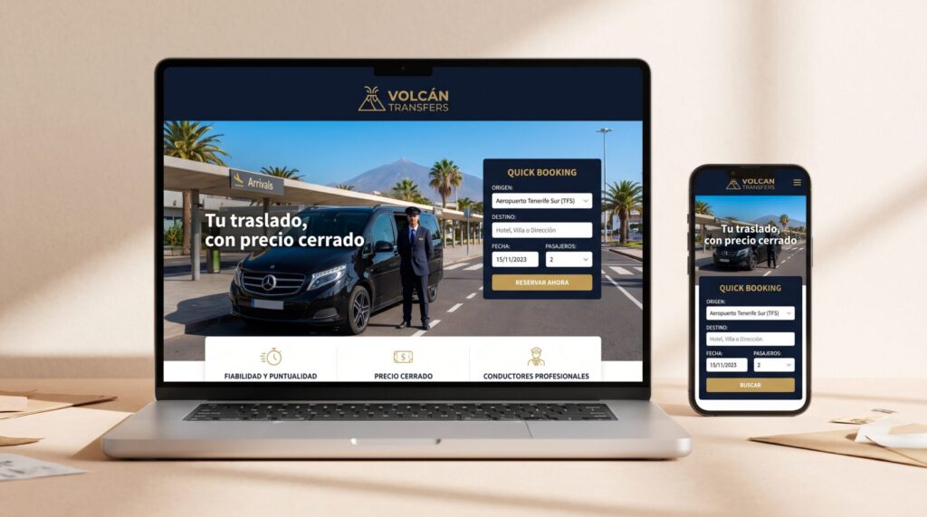 Ejemplo de diseño web para traslados privados: portada en portátil y móvil