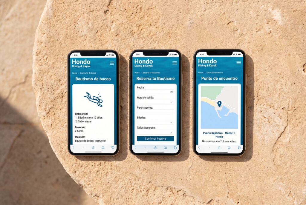 Ejemplo de páginas móviles de una web para empresas de turismo activo