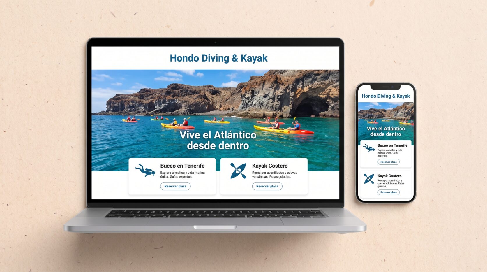 Ejemplo de diseño web para empresas de turismo activo: portada en portátil y móvil