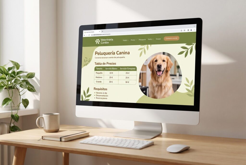 Ejemplo de página interior de una web para clínicas veterinarias y servicios para mascotas en un monitor