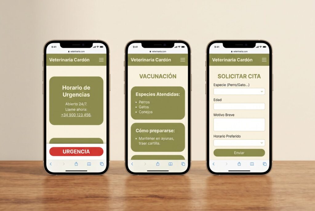 Ejemplo de páginas móviles de una web para clínicas veterinarias y servicios para mascotas