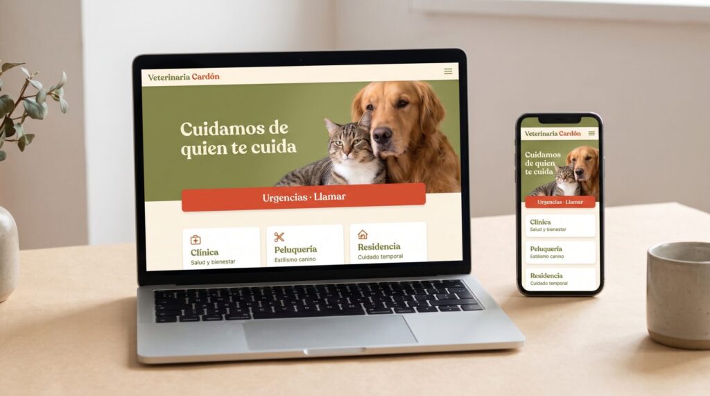 Ejemplo de diseño web para clínicas veterinarias y servicios para mascotas: portada en portátil y móvil