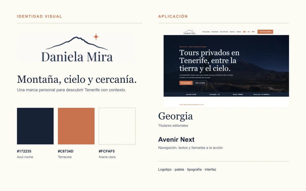 Logotipo, colores y tipografías de la identidad visual de Daniela Mira