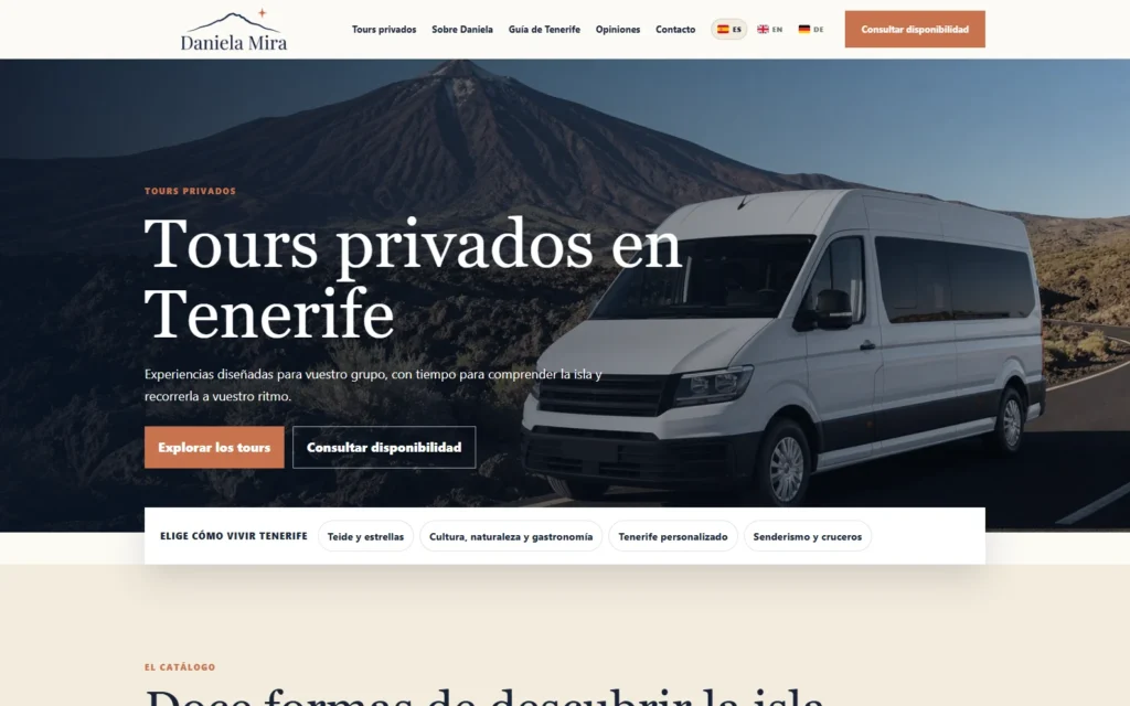 Página de tours privados de Daniela Mira en Tenerife
