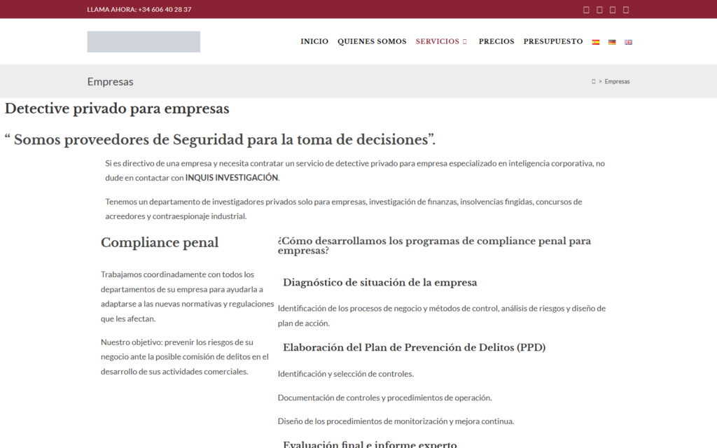 Página de servicios de investigación privada para empresas