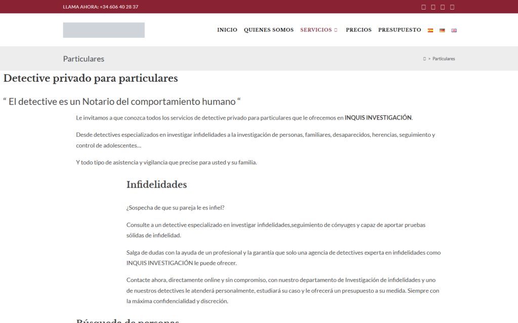 Página de servicios de investigación privada para particulares