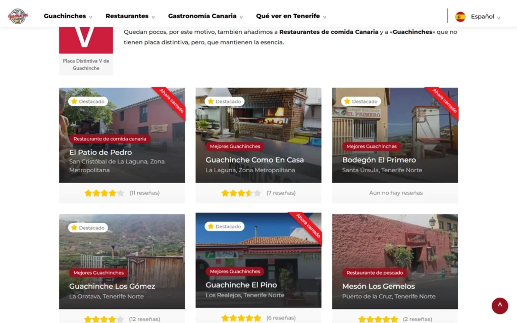 Rejilla del directorio con fichas de guachinches de Tenerife
