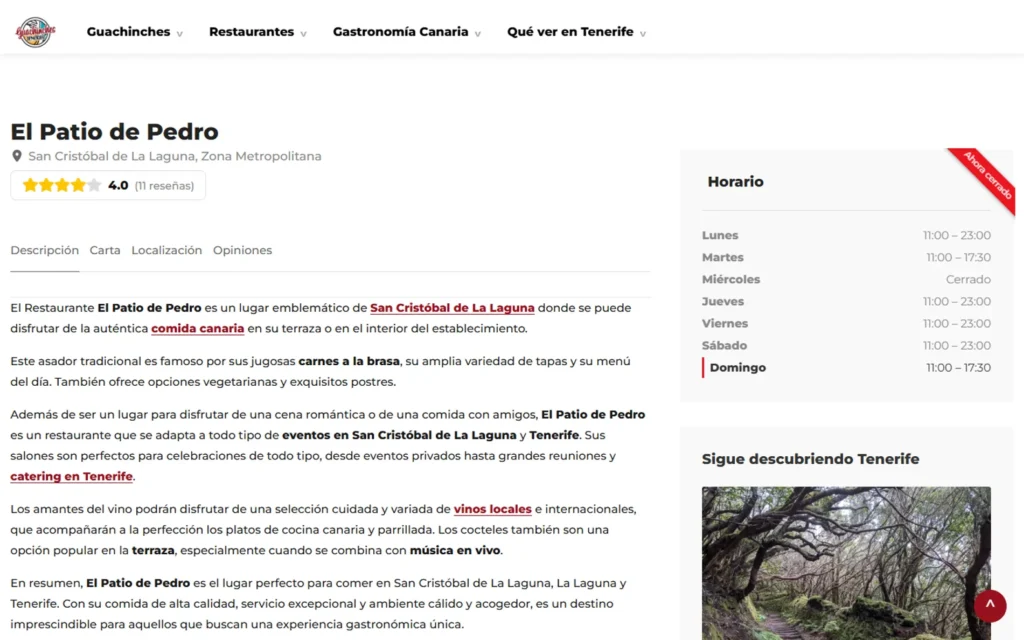Ficha individual de un establecimiento en Guachinches Tenerife