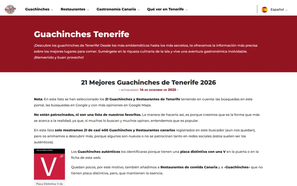 Vista actual de la portada de Guachinches Tenerife en escritorio
