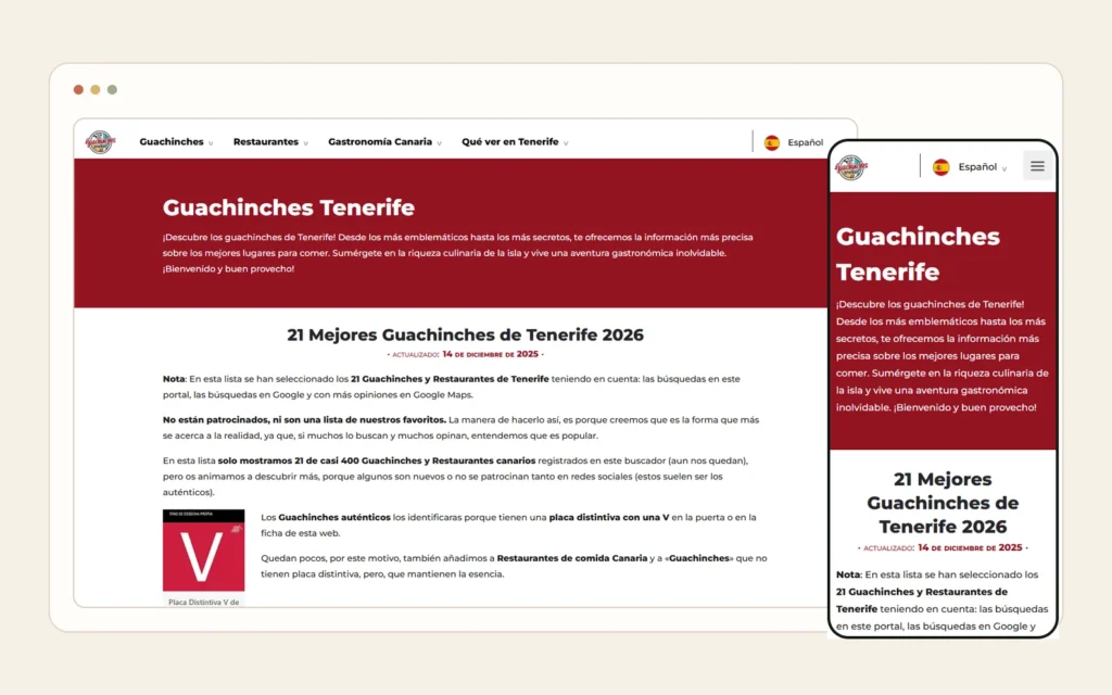 Web de Guachinches Tenerife mostrada en ordenador, tableta y móvil