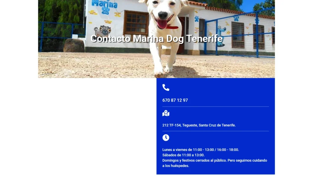 Página de contacto de Marina Dog con las instalaciones y datos locales