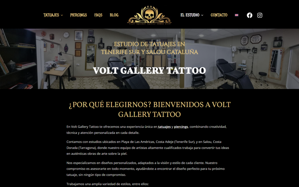 Página pública del estudio Volt Gallery Tattoo